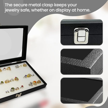 Novel Box Jewelry Display Glass Case Black 14.75 x 8.25 x 2.1 Inches with 72-Slot Blue Foam Insert, Travel Storage Case with Metal Clasp, Dust-Free Secure Organizer