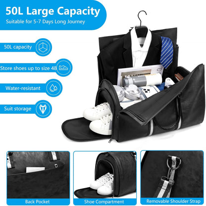 Leather Garment Bags for Travel, Convertible Carry on Garment Duffel Bag for Men, 2 in 1 Waterproof Foldable Travel Suit Bag with Shoulder Strap Weekender Bag with Shoe Pouch