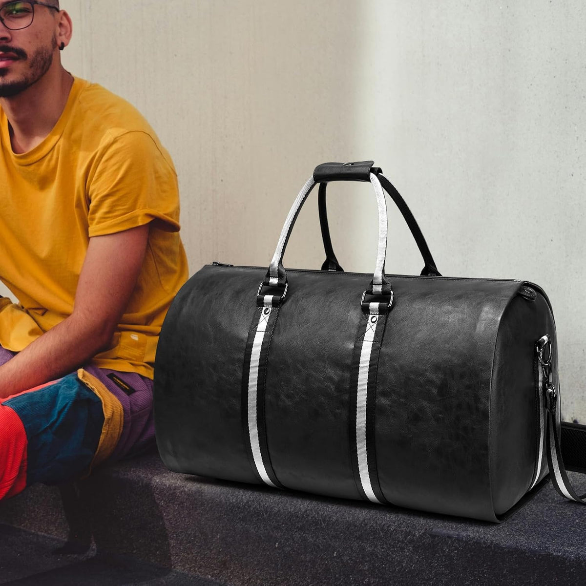 Leather Garment Bags for Travel, Convertible Carry on Garment Duffel Bag for Men, 2 in 1 Waterproof Foldable Travel Suit Bag with Shoulder Strap Weekender Bag with Shoe Pouch