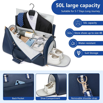 Leather Garment Bags for Travel, Convertible Carry on Garment Duffel Bag for Men, 2 in 1 Waterproof Foldable Travel Suit Bag with Shoulder Strap Weekender Bag with Shoe Pouch