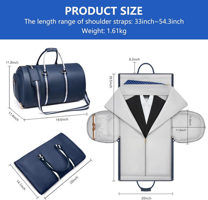 Leather Garment Bags for Travel, Convertible Carry on Garment Duffel Bag for Men, 2 in 1 Waterproof Foldable Travel Suit Bag with Shoulder Strap Weekender Bag with Shoe Pouch