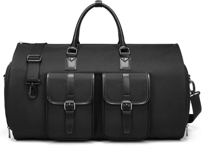 Leather Garment Bags for Travel, Convertible Carry on Garment Duffel Bag for Men, 2 in 1 Waterproof Foldable Travel Suit Bag with Shoulder Strap Weekender Bag with Shoe Pouch