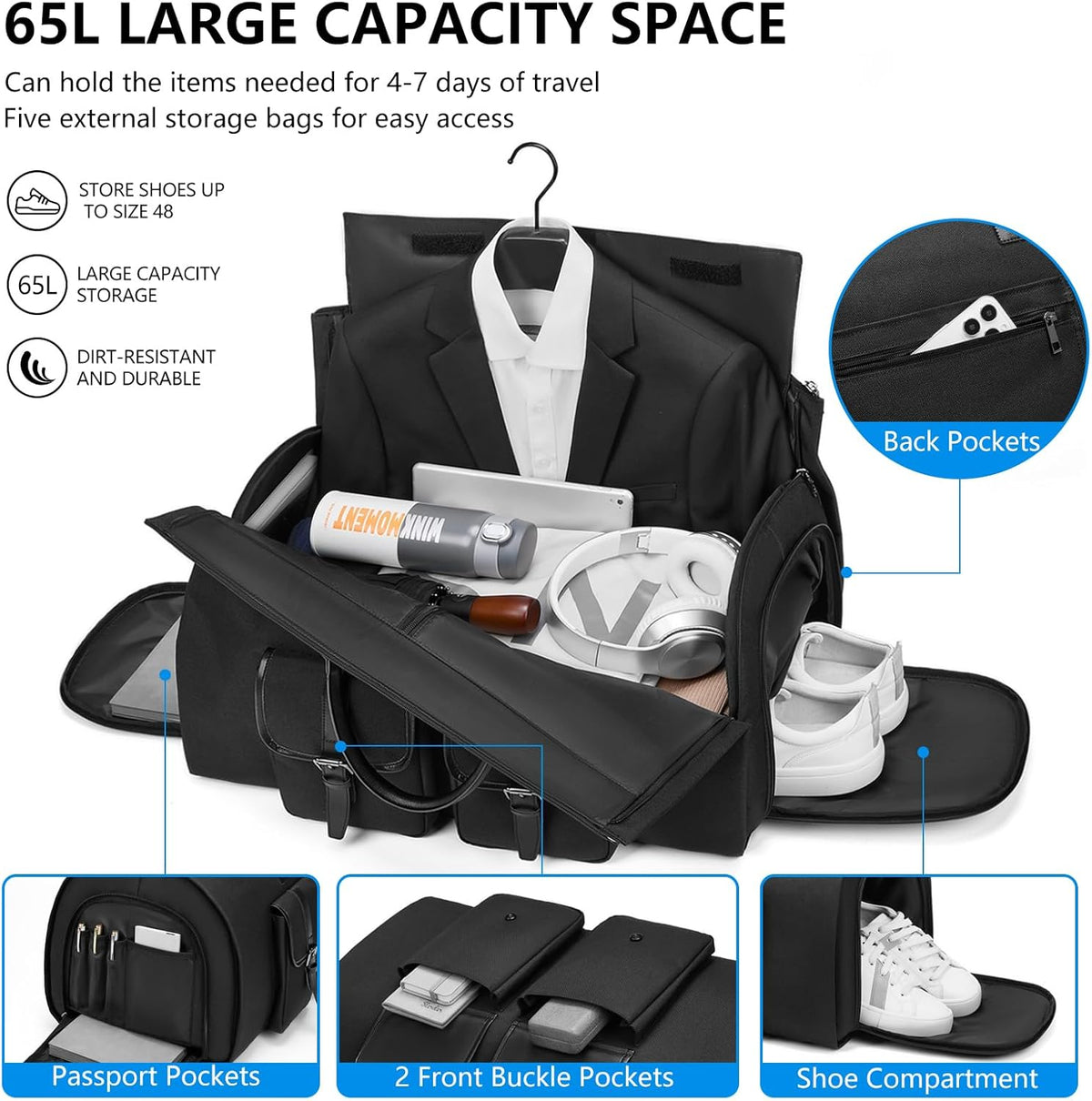 Leather Garment Bags for Travel, Convertible Carry on Garment Duffel Bag for Men, 2 in 1 Waterproof Foldable Travel Suit Bag with Shoulder Strap Weekender Bag with Shoe Pouch