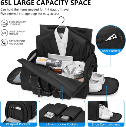 Leather Garment Bags for Travel, Convertible Carry on Garment Duffel Bag for Men, 2 in 1 Waterproof Foldable Travel Suit Bag with Shoulder Strap Weekender Bag with Shoe Pouch