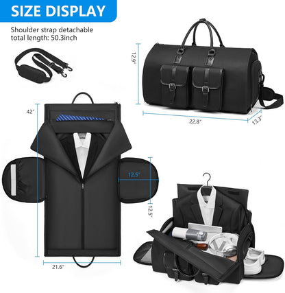 Leather Garment Bags for Travel, Convertible Carry on Garment Duffel Bag for Men, 2 in 1 Waterproof Foldable Travel Suit Bag with Shoulder Strap Weekender Bag with Shoe Pouch
