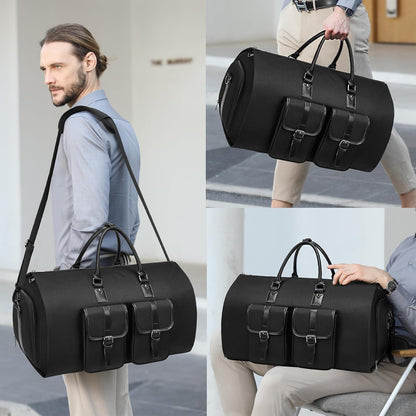 Leather Garment Bags for Travel, Convertible Carry on Garment Duffel Bag for Men, 2 in 1 Waterproof Foldable Travel Suit Bag with Shoulder Strap Weekender Bag with Shoe Pouch