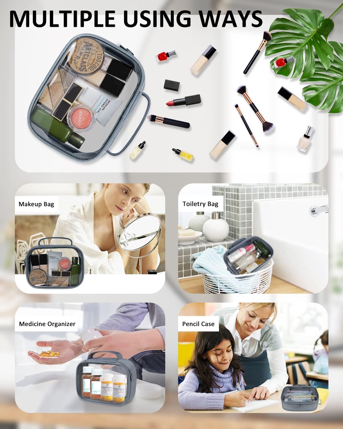 TSA Approved Toiletry Bag Clear Quart Size Travel Bags Makeup Bag | Large Opening, for Men and Women, Carry on Airline Compliant, Transparent Liquids Pouch, Grey