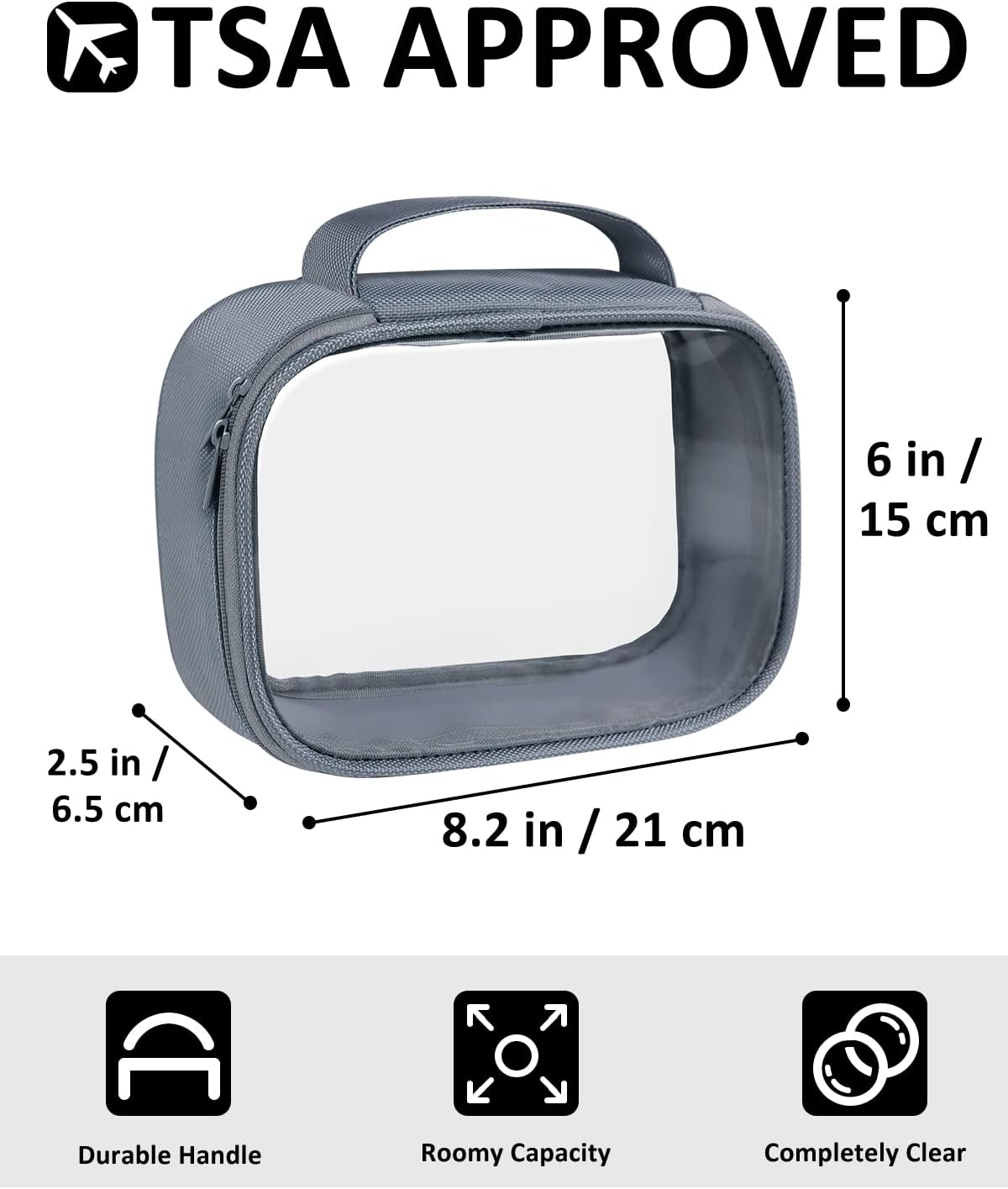 TSA Approved Toiletry Bag Clear Quart Size Travel Bags Makeup Bag | Large Opening, for Men and Women, Carry on Airline Compliant, Transparent Liquids Pouch, Grey