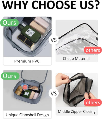 TSA Approved Toiletry Bag Clear Quart Size Travel Bags Makeup Bag | Large Opening, for Men and Women, Carry on Airline Compliant, Transparent Liquids Pouch, Grey