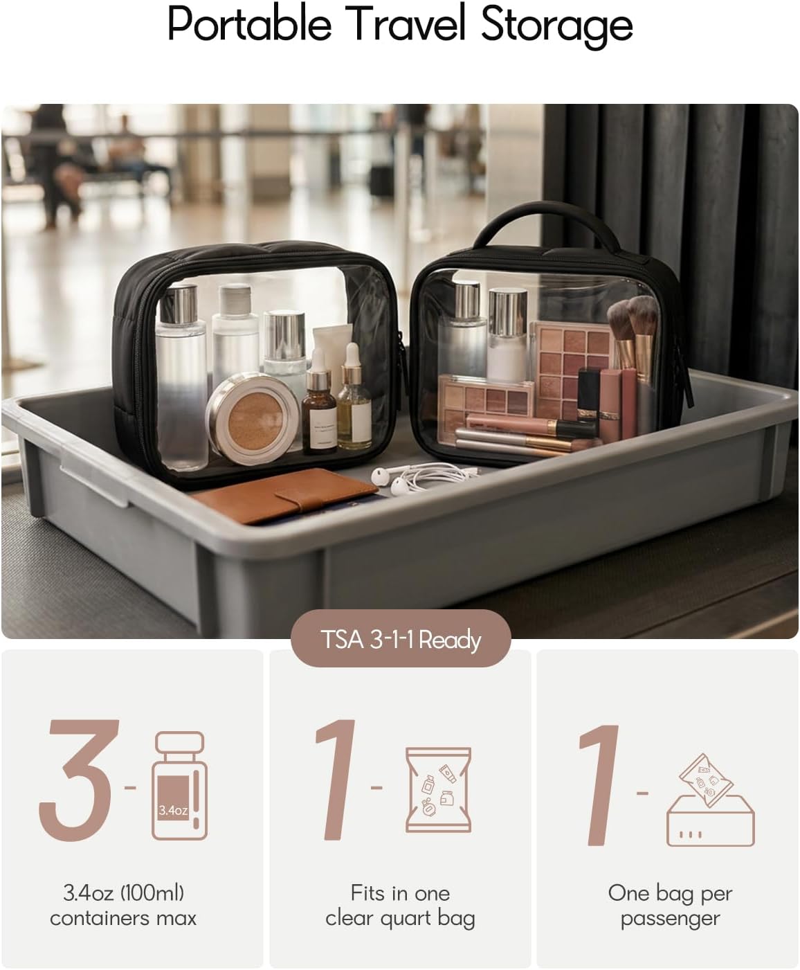 TSA Approved Toiletry Bag Clear Quart Size Travel Bags Makeup Bag | Large Opening, for Men and Women, Carry on Airline Compliant, Transparent Liquids Pouch, Grey