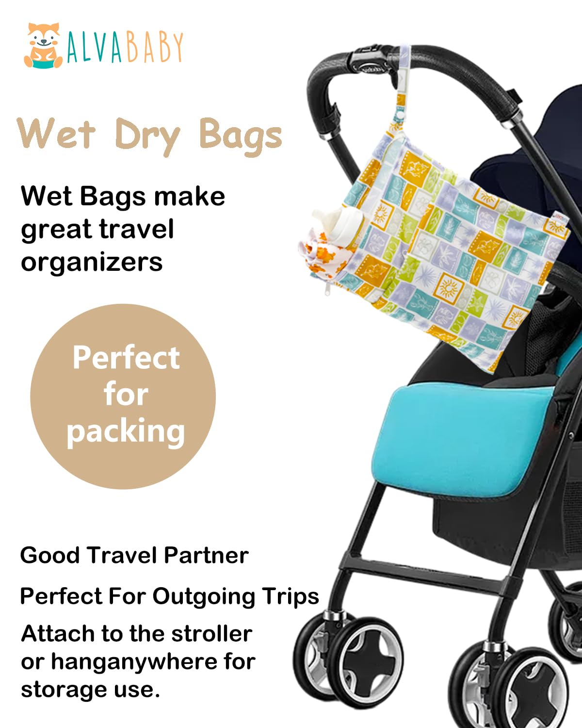 ALVA 2pcs Cloth Diaper Wet Dry Bags Waterproof Reusable with Two Zippered Pockets Travel Beach Pool Daycare Soiled Baby Items Yoga Gym Bag for Swimsuits or Wet Clothes L2629