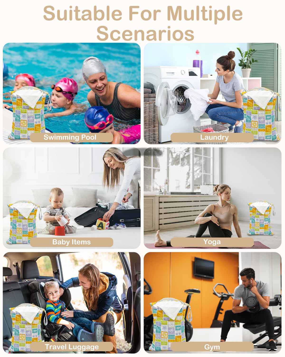 ALVA 2pcs Cloth Diaper Wet Dry Bags Waterproof Reusable with Two Zippered Pockets Travel Beach Pool Daycare Soiled Baby Items Yoga Gym Bag for Swimsuits or Wet Clothes L2629