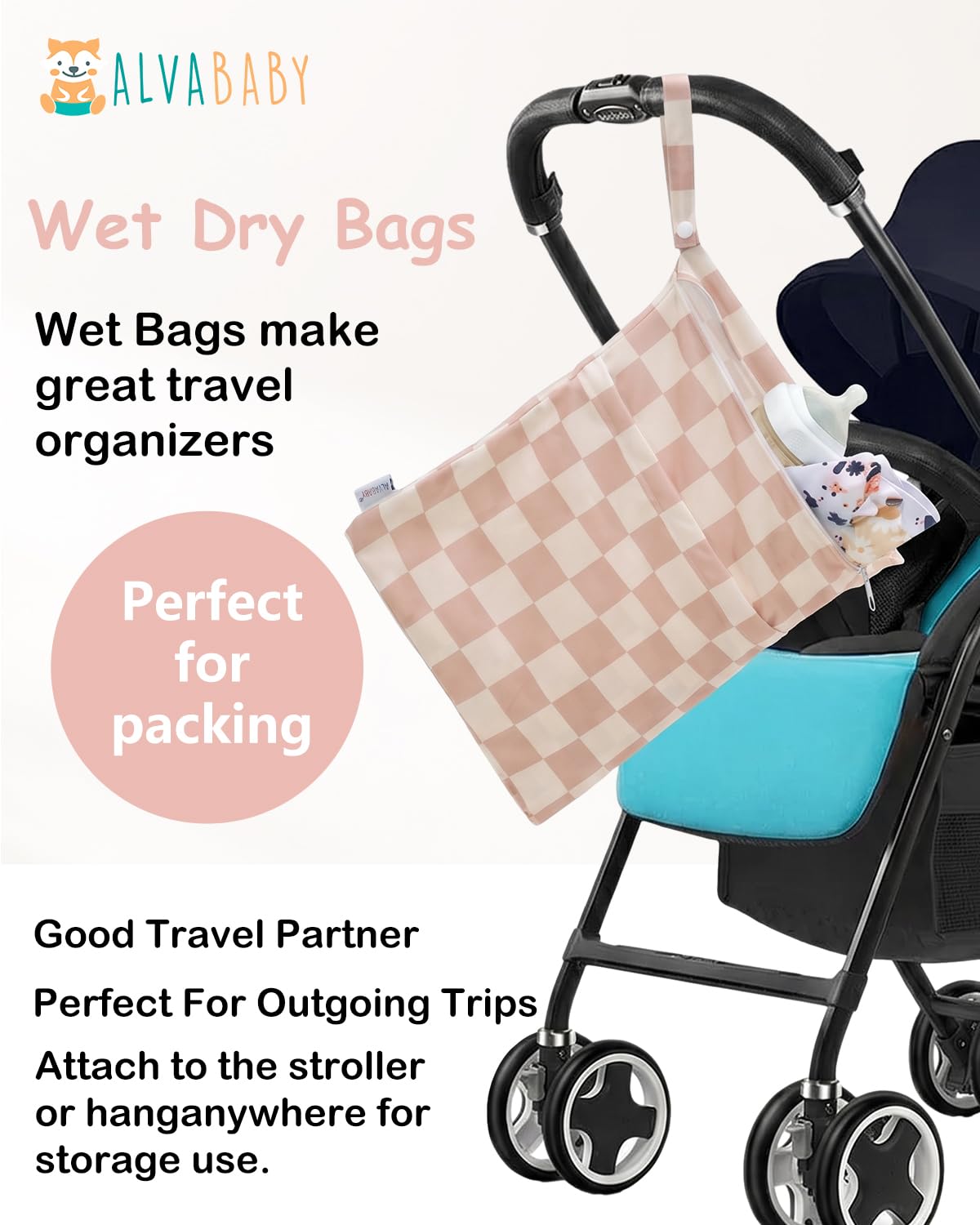 ALVA 2pcs Cloth Diaper Wet Dry Bags Waterproof Reusable with Two Zippered Pockets Travel Beach Pool Daycare Soiled Baby Items Yoga Gym Bag for Swimsuits or Wet Clothes L2629