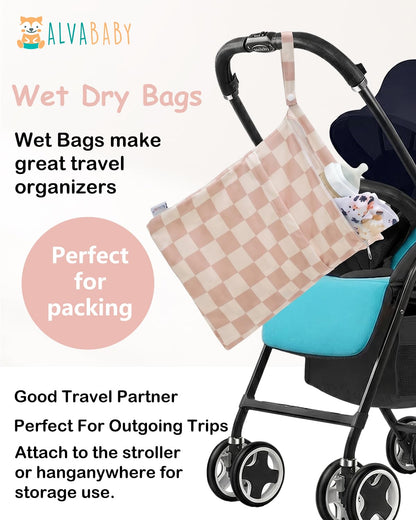 ALVA 2pcs Cloth Diaper Wet Dry Bags Waterproof Reusable with Two Zippered Pockets Travel Beach Pool Daycare Soiled Baby Items Yoga Gym Bag for Swimsuits or Wet Clothes L2629