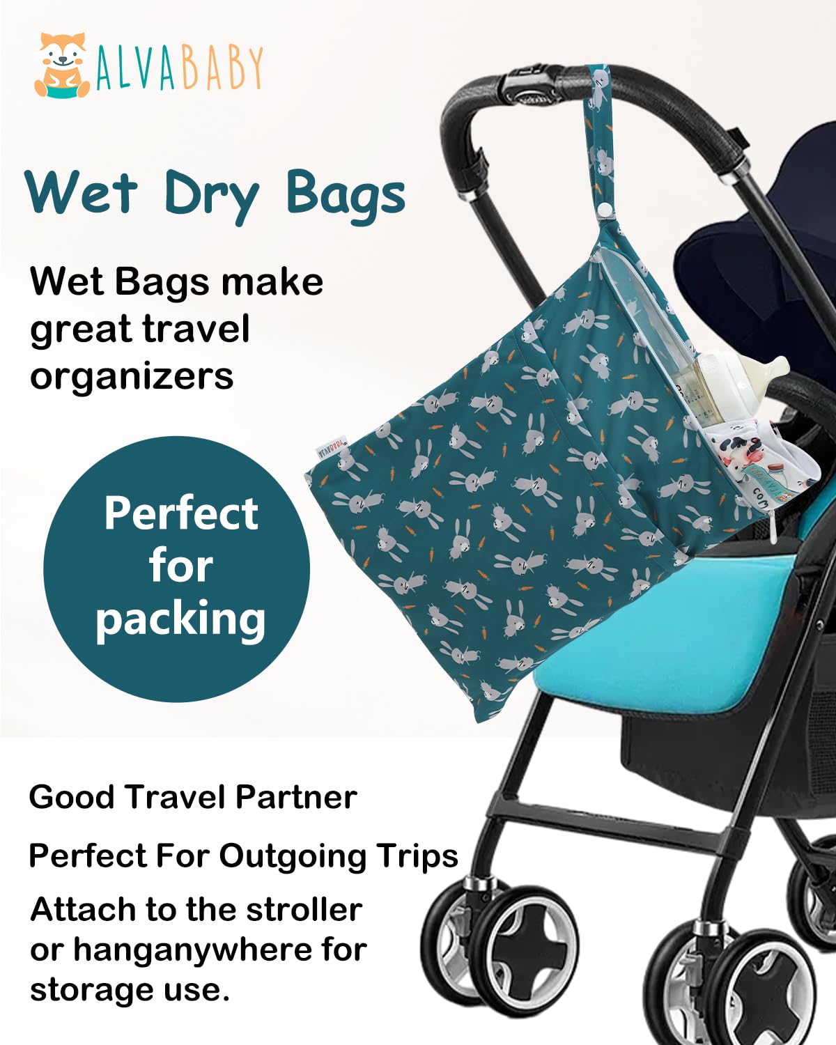 ALVA 2pcs Cloth Diaper Wet Dry Bags Waterproof Reusable with Two Zippered Pockets Travel Beach Pool Daycare Soiled Baby Items Yoga Gym Bag for Swimsuits or Wet Clothes L2629