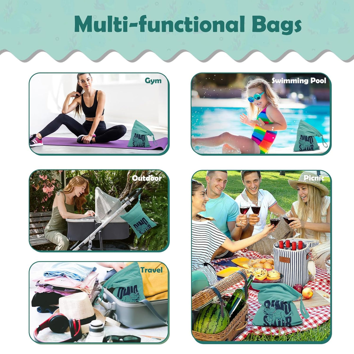 ALVA 2pcs Cloth Diaper Wet Dry Bags Waterproof Reusable with Two Zippered Pockets Travel Beach Pool Daycare Soiled Baby Items Yoga Gym Bag for Swimsuits or Wet Clothes L2629