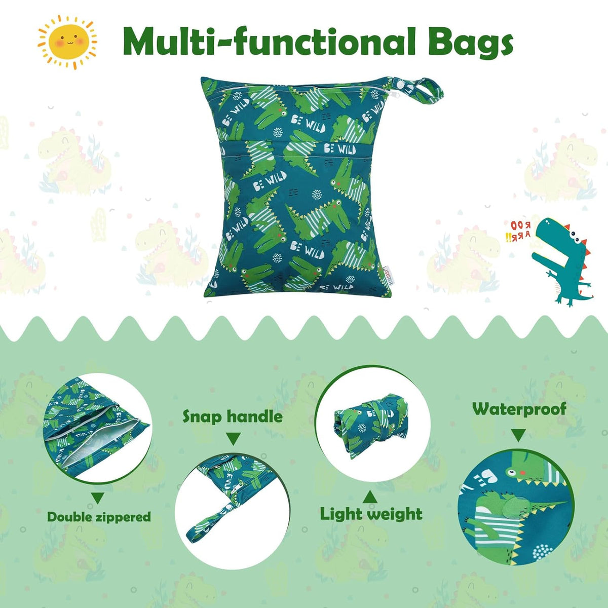 ALVA 2pcs Cloth Diaper Wet Dry Bags Waterproof Reusable with Two Zippered Pockets Travel Beach Pool Daycare Soiled Baby Items Yoga Gym Bag for Swimsuits or Wet Clothes L2629