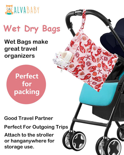 ALVA 2pcs Cloth Diaper Wet Dry Bags Waterproof Reusable with Two Zippered Pockets Travel Beach Pool Daycare Soiled Baby Items Yoga Gym Bag for Swimsuits or Wet Clothes L2629