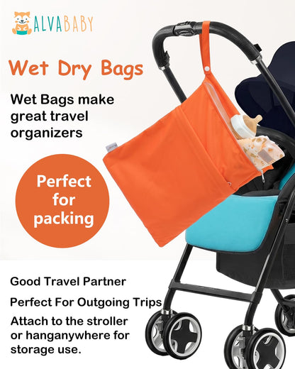 ALVA 2pcs Cloth Diaper Wet Dry Bags Waterproof Reusable with Two Zippered Pockets Travel Beach Pool Daycare Soiled Baby Items Yoga Gym Bag for Swimsuits or Wet Clothes L2629