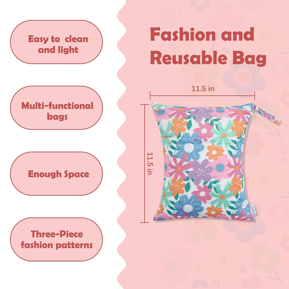 ALVA 2pcs Cloth Diaper Wet Dry Bags Waterproof Reusable with Two Zippered Pockets Travel Beach Pool Daycare Soiled Baby Items Yoga Gym Bag for Swimsuits or Wet Clothes L2629
