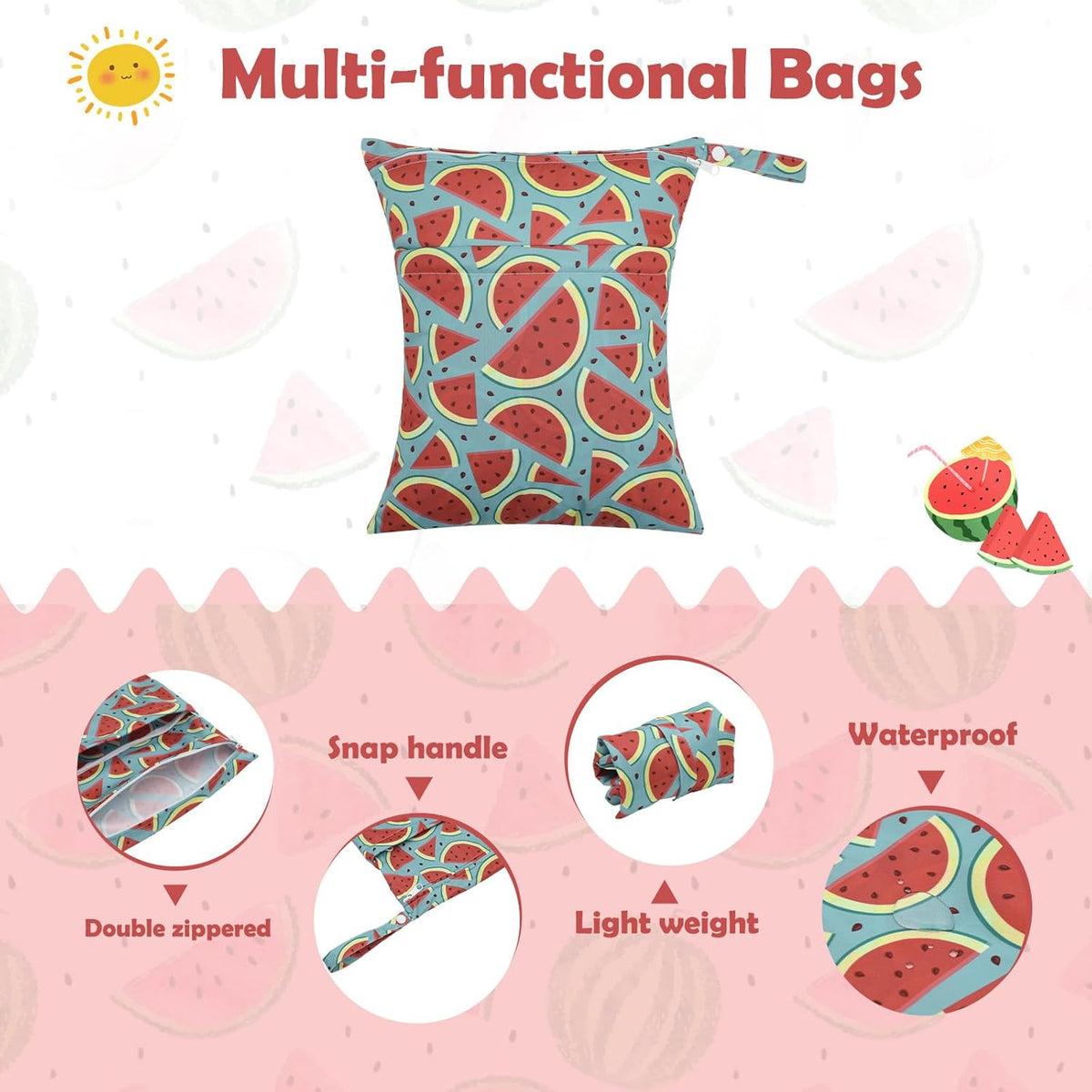 ALVA 2pcs Cloth Diaper Wet Dry Bags Waterproof Reusable with Two Zippered Pockets Travel Beach Pool Daycare Soiled Baby Items Yoga Gym Bag for Swimsuits or Wet Clothes L2629