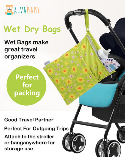 ALVA 2pcs Cloth Diaper Wet Dry Bags Waterproof Reusable with Two Zippered Pockets Travel Beach Pool Daycare Soiled Baby Items Yoga Gym Bag for Swimsuits or Wet Clothes L2629