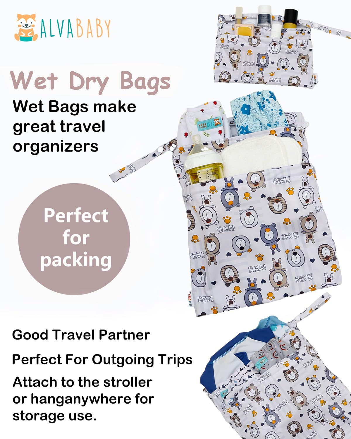 ALVA 2pcs Cloth Diaper Wet Dry Bags Waterproof Reusable with Two Zippered Pockets Travel Beach Pool Daycare Soiled Baby Items Yoga Gym Bag for Swimsuits or Wet Clothes L2629