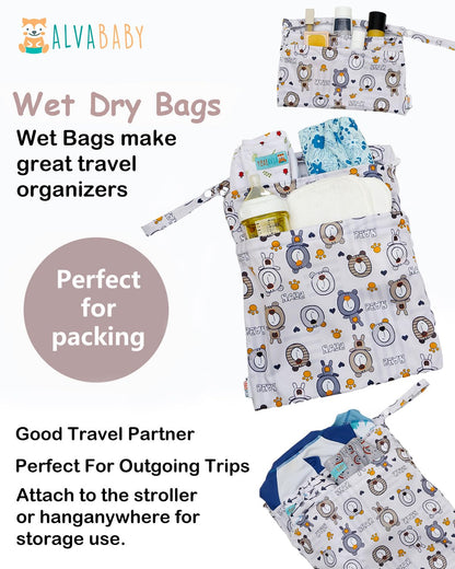 ALVA 2pcs Cloth Diaper Wet Dry Bags Waterproof Reusable with Two Zippered Pockets Travel Beach Pool Daycare Soiled Baby Items Yoga Gym Bag for Swimsuits or Wet Clothes L2629
