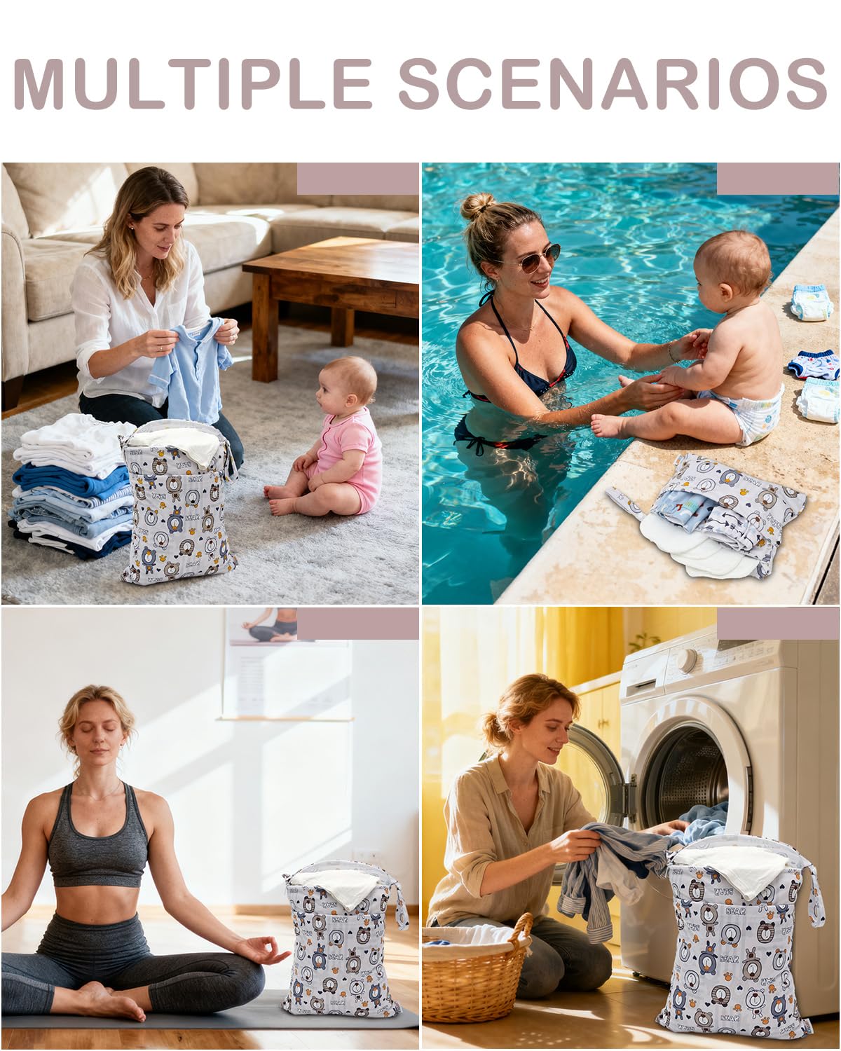 ALVA 2pcs Cloth Diaper Wet Dry Bags Waterproof Reusable with Two Zippered Pockets Travel Beach Pool Daycare Soiled Baby Items Yoga Gym Bag for Swimsuits or Wet Clothes L2629