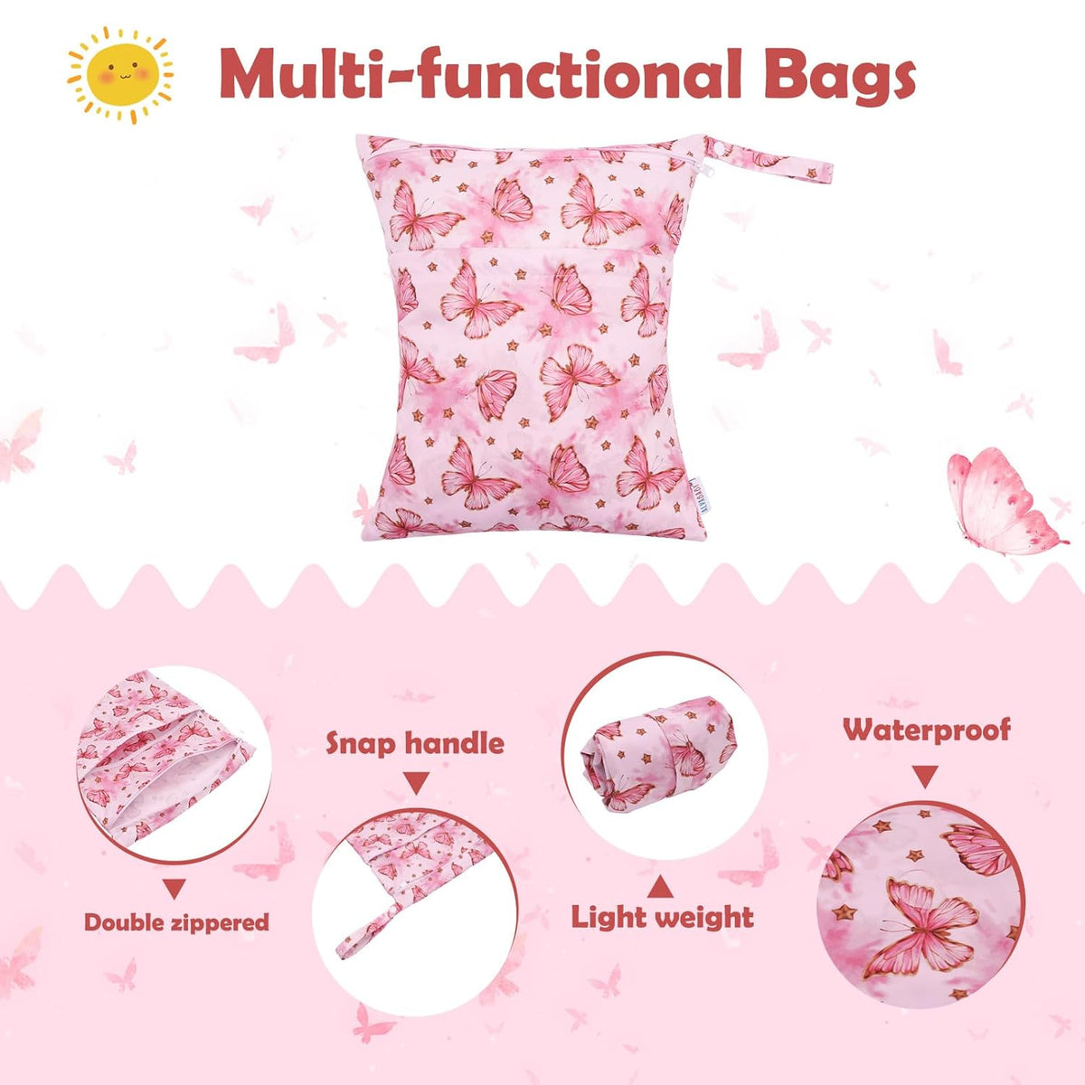 ALVA 2pcs Cloth Diaper Wet Dry Bags Waterproof Reusable with Two Zippered Pockets Travel Beach Pool Daycare Soiled Baby Items Yoga Gym Bag for Swimsuits or Wet Clothes L2629