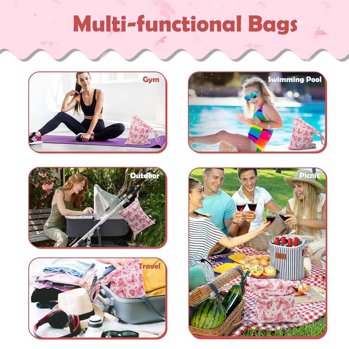 ALVA 2pcs Cloth Diaper Wet Dry Bags Waterproof Reusable with Two Zippered Pockets Travel Beach Pool Daycare Soiled Baby Items Yoga Gym Bag for Swimsuits or Wet Clothes L2629