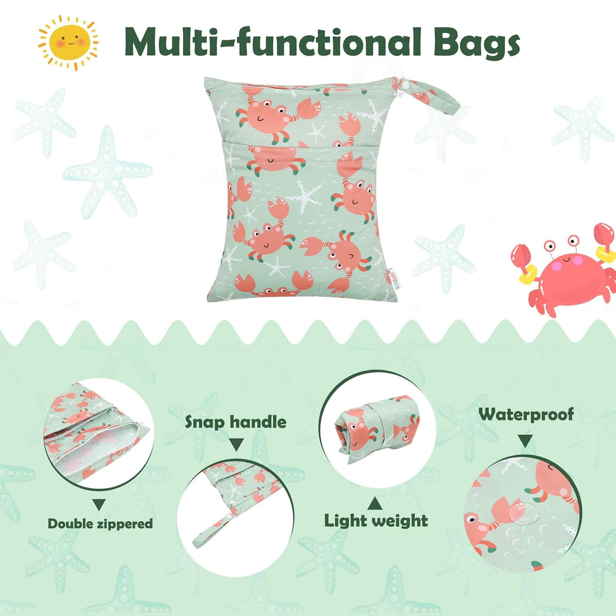 ALVA 2pcs Cloth Diaper Wet Dry Bags Waterproof Reusable with Two Zippered Pockets Travel Beach Pool Daycare Soiled Baby Items Yoga Gym Bag for Swimsuits or Wet Clothes L2629