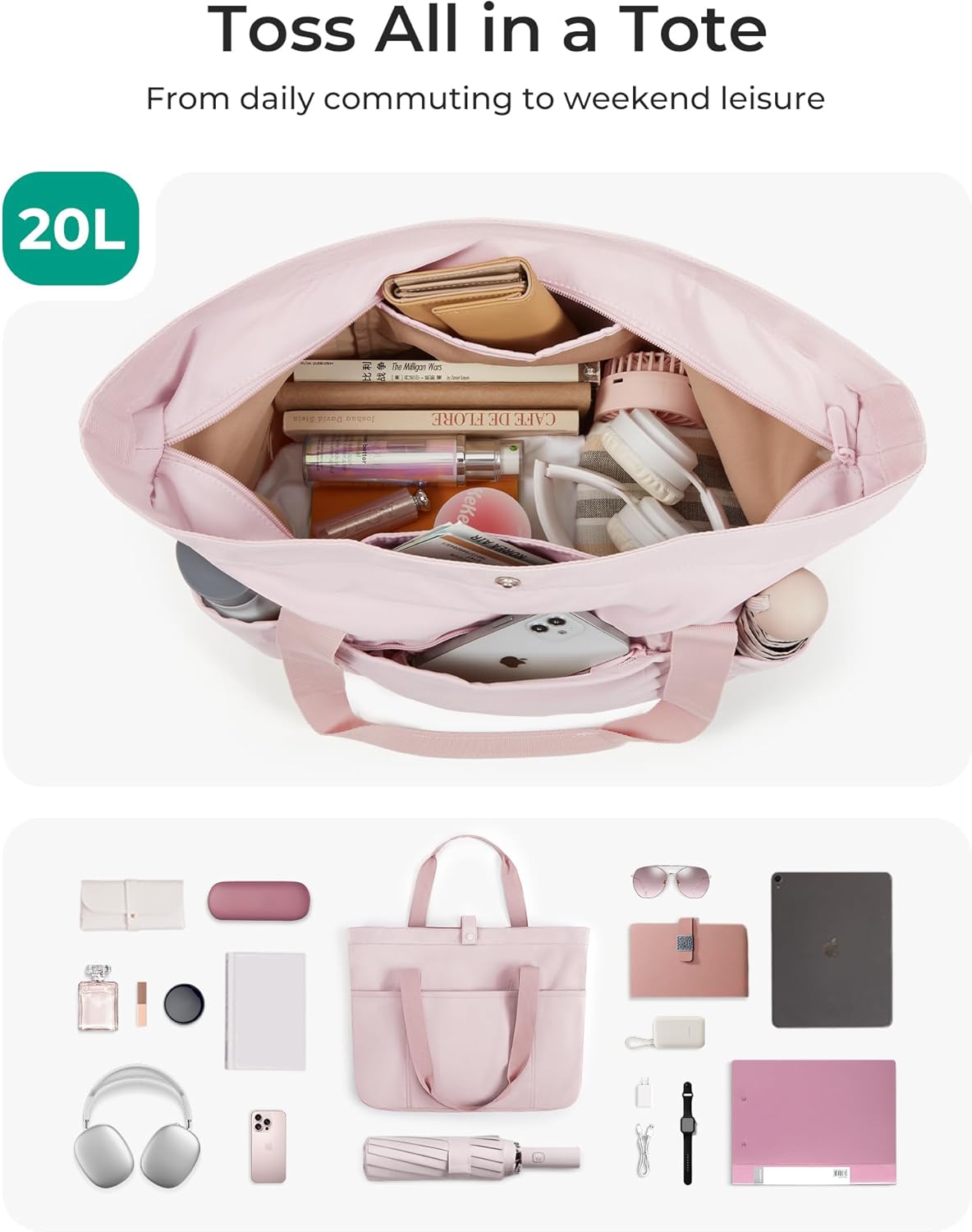 Tote Bag for Women, Foldable Tote Bag With Zipper Travel Shoulder Bag Handbag for Work