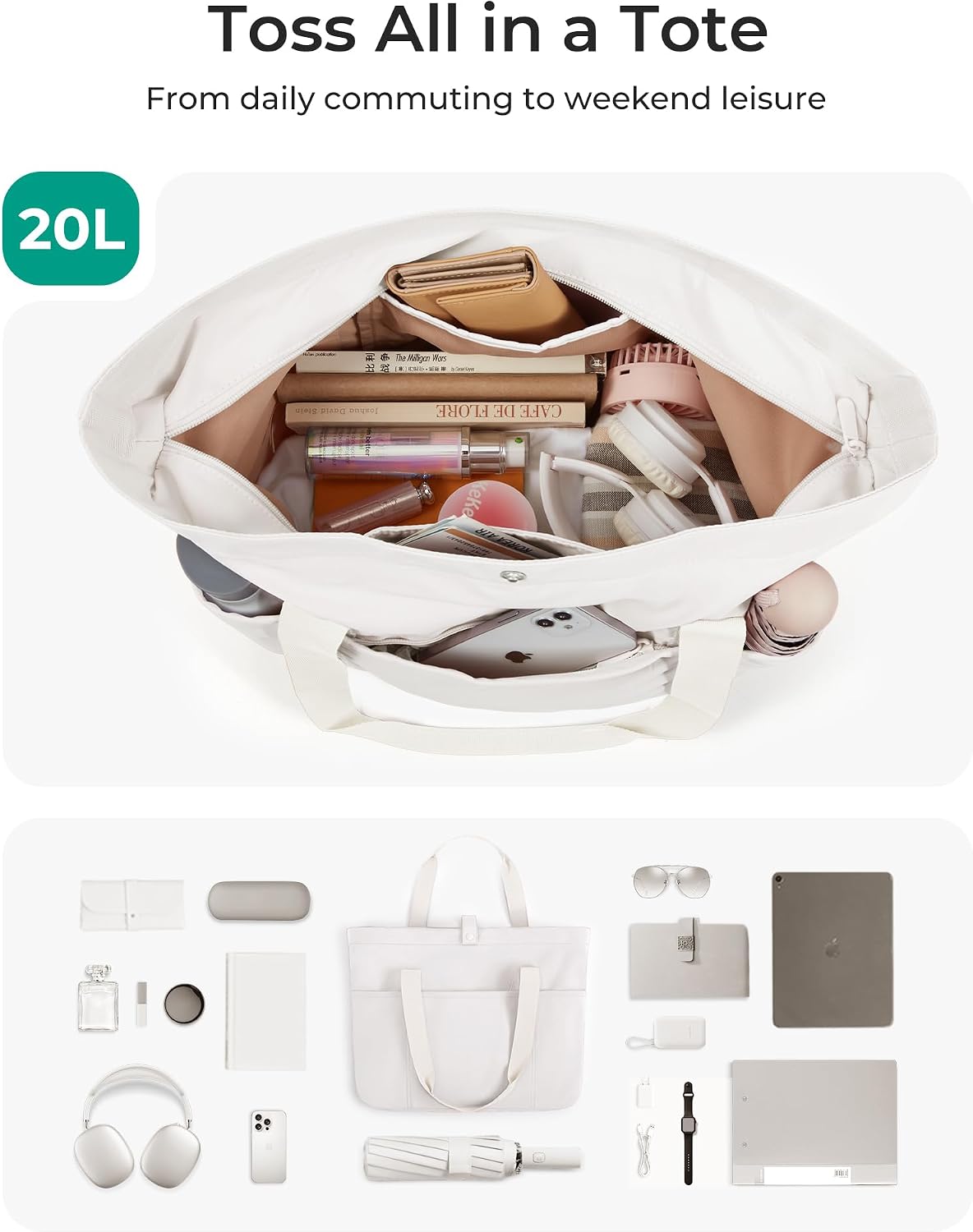Tote Bag for Women, Foldable Tote Bag With Zipper Travel Shoulder Bag Handbag for Work