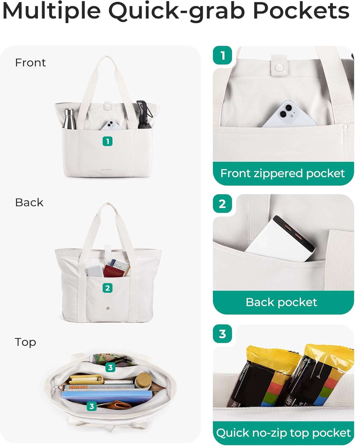 Tote Bag for Women, Foldable Tote Bag With Zipper Travel Shoulder Bag Handbag for Work