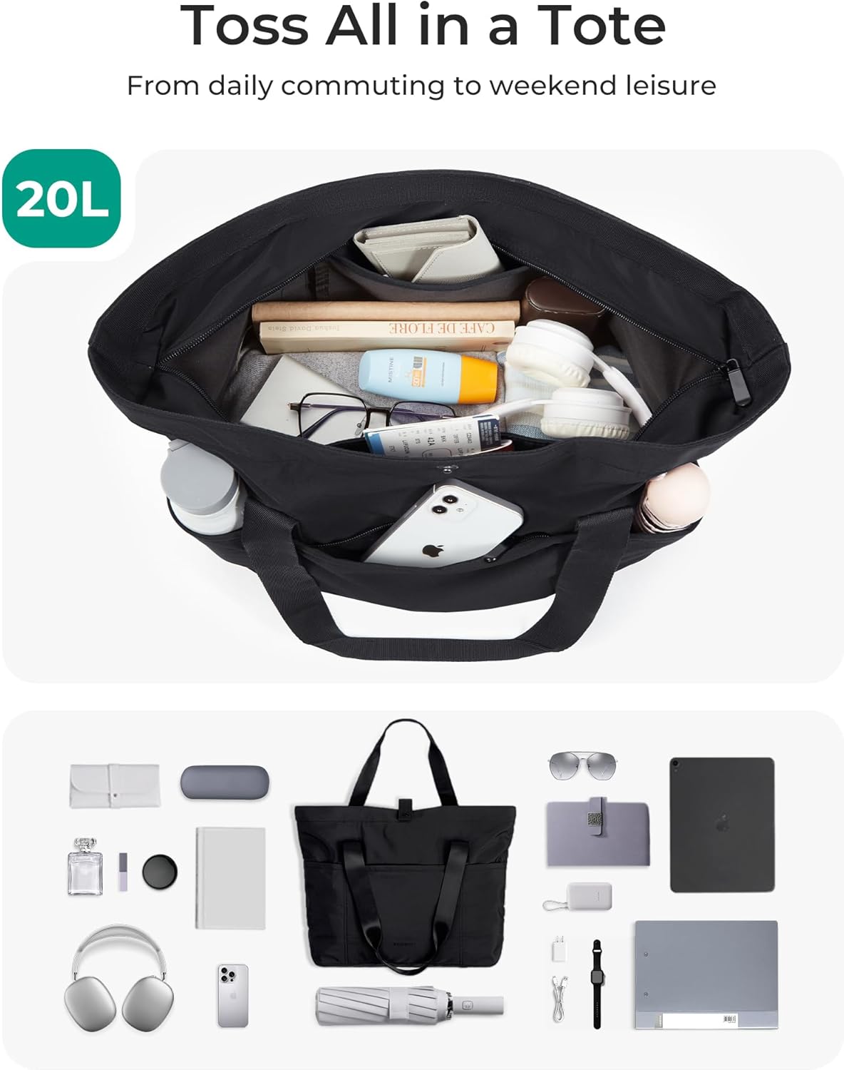 Tote Bag for Women, Foldable Tote Bag With Zipper Travel Shoulder Bag Handbag for Work