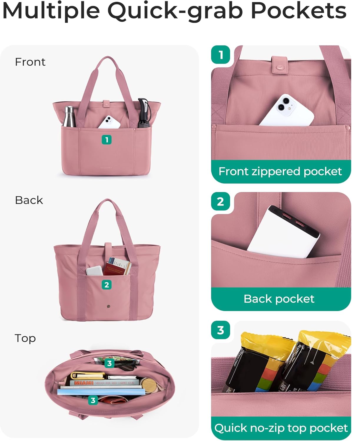 Tote Bag for Women, Foldable Tote Bag With Zipper Travel Shoulder Bag Handbag for Work