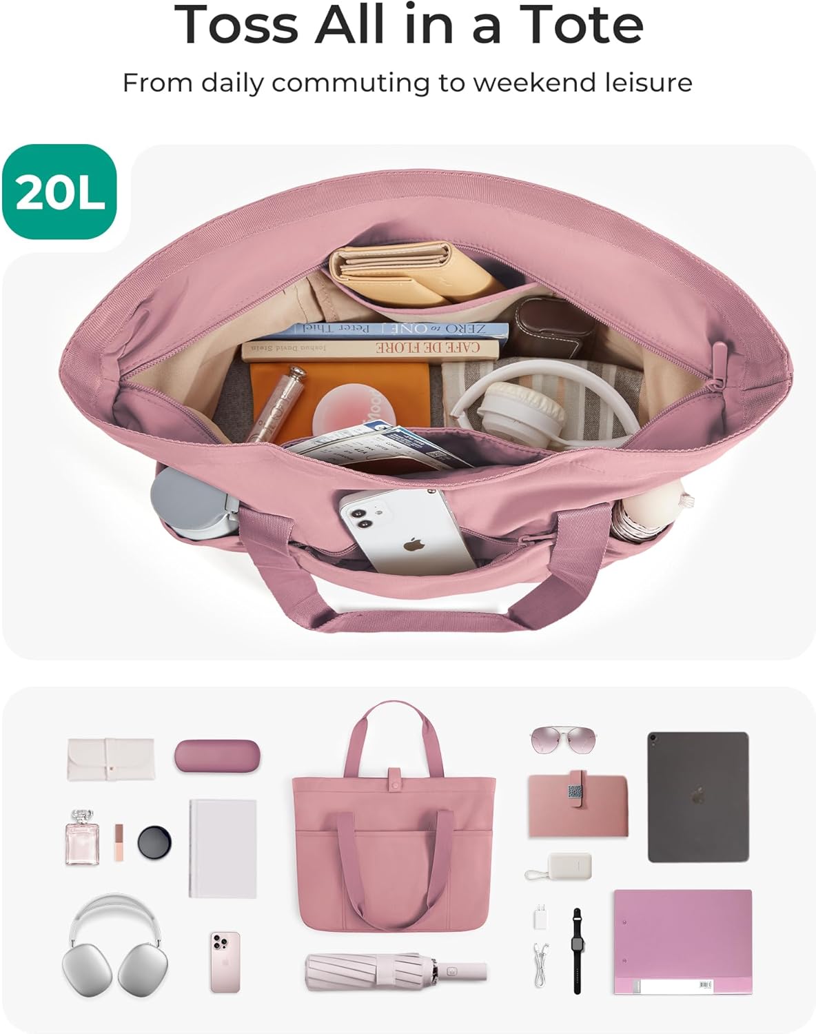 Tote Bag for Women, Foldable Tote Bag With Zipper Travel Shoulder Bag Handbag for Work