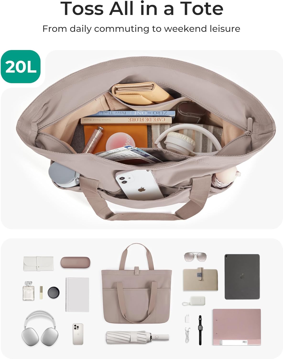 Tote Bag for Women, Foldable Tote Bag With Zipper Travel Shoulder Bag Handbag for Work