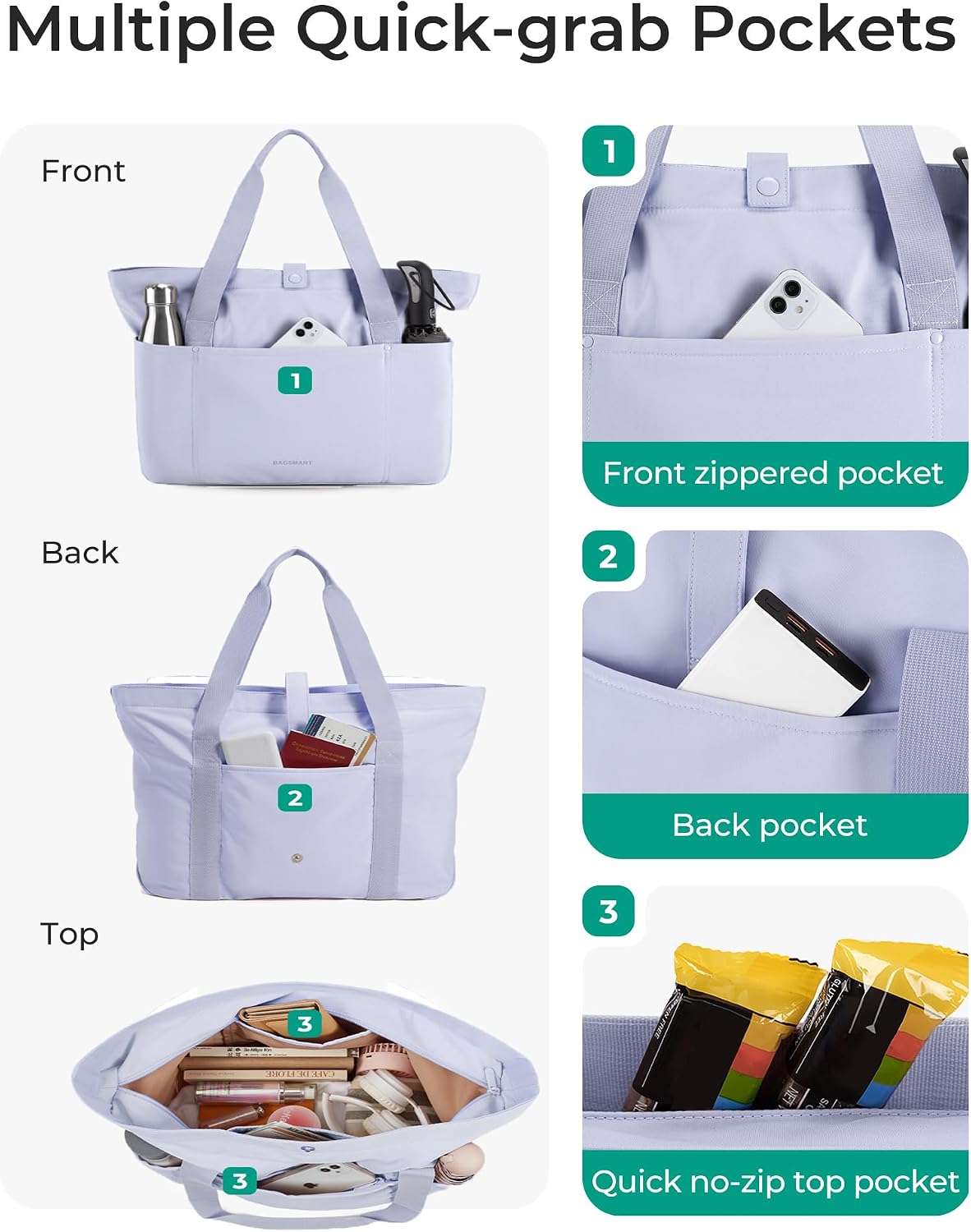 Tote Bag for Women, Foldable Tote Bag With Zipper Travel Shoulder Bag Handbag for Work