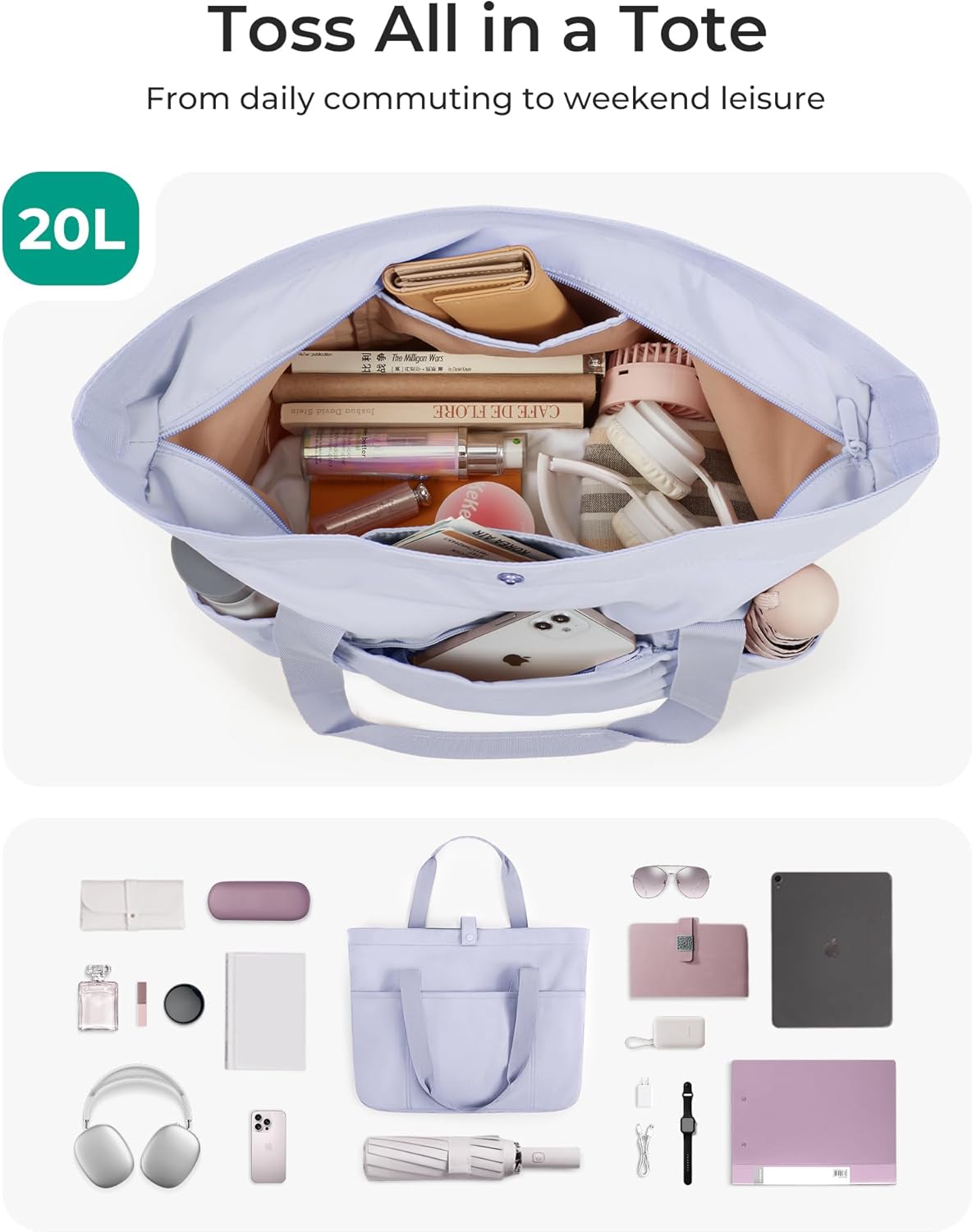 Tote Bag for Women, Foldable Tote Bag With Zipper Travel Shoulder Bag Handbag for Work
