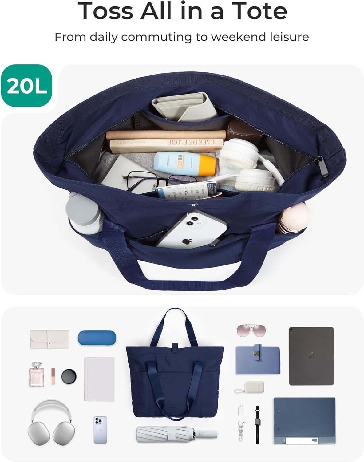 Tote Bag for Women, Foldable Tote Bag With Zipper Travel Shoulder Bag Handbag for Work