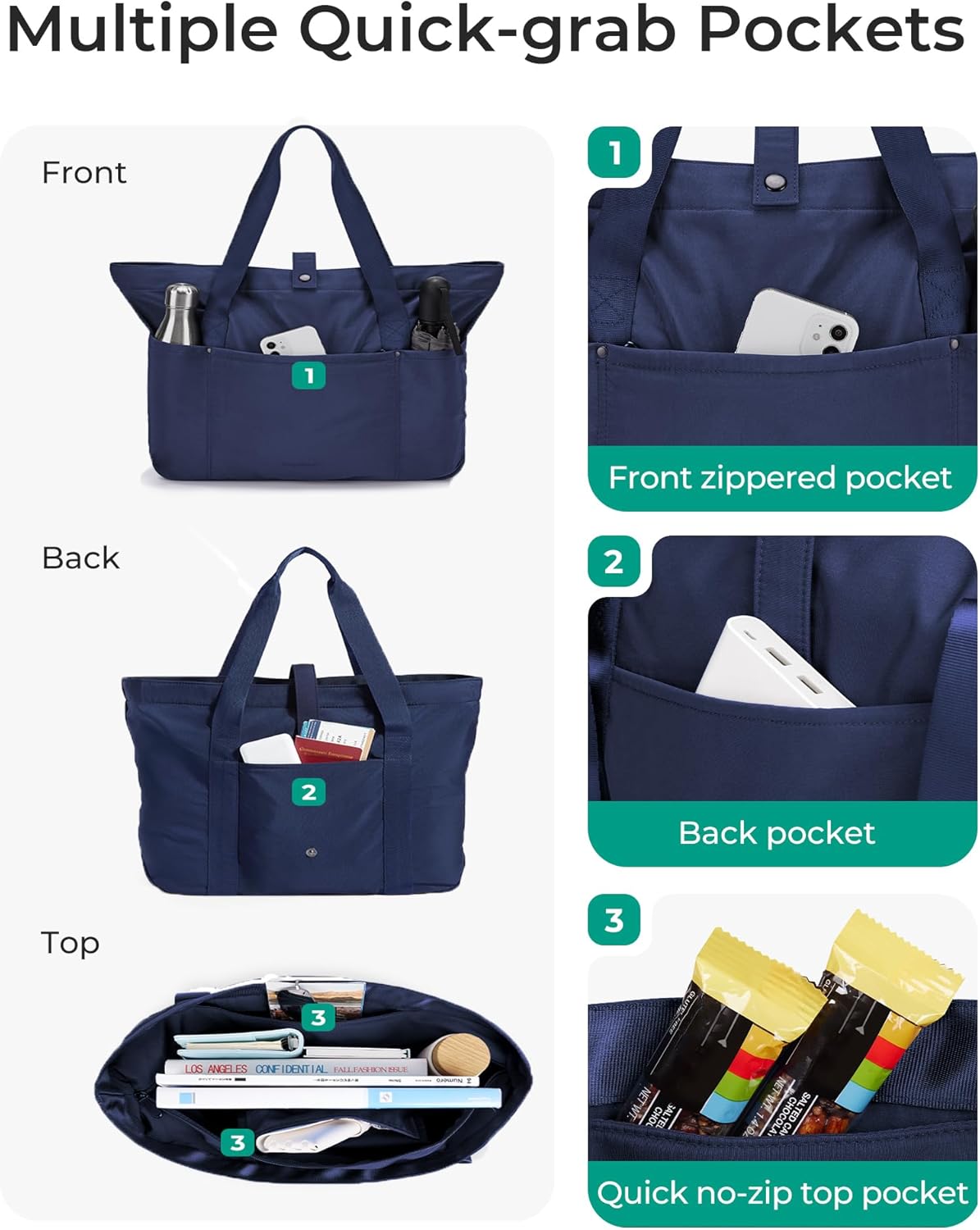 Tote Bag for Women, Foldable Tote Bag With Zipper Travel Shoulder Bag Handbag for Work