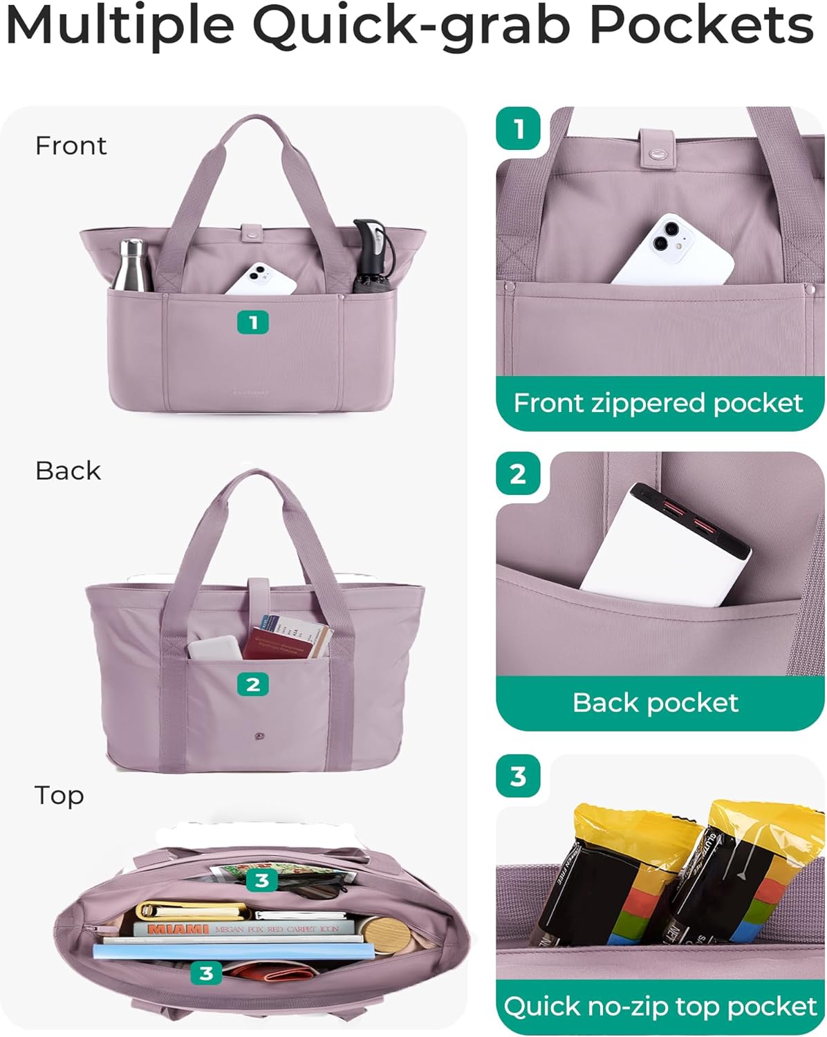 Tote Bag for Women, Foldable Tote Bag With Zipper Travel Shoulder Bag Handbag for Work