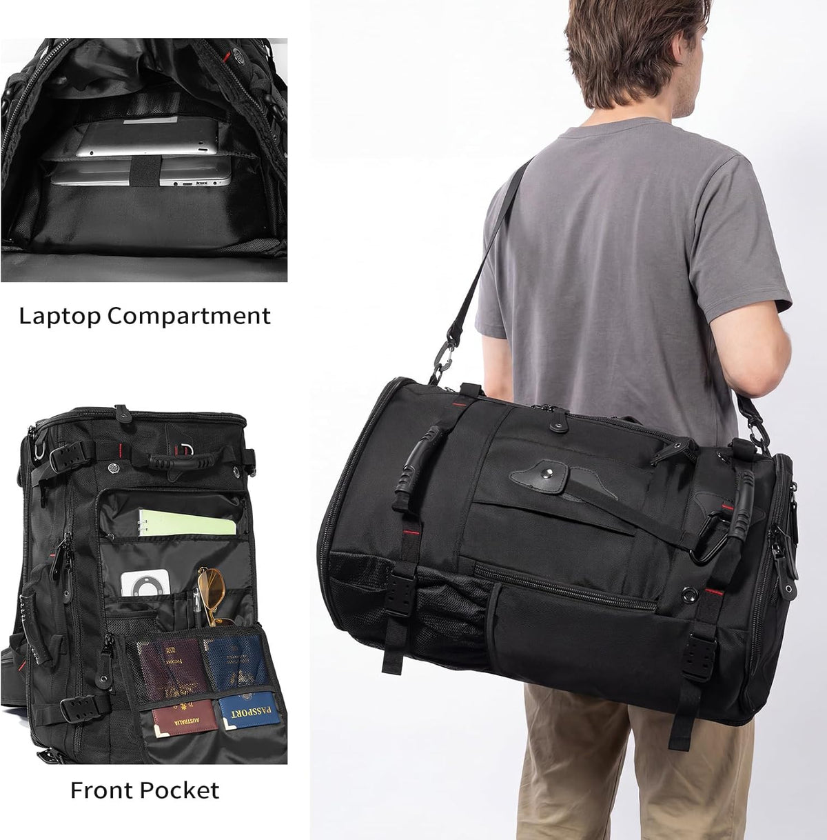 Large Capacity For Travel Hiking Sports Carry On Backpack Durable Convertible Duffle Bag Laptop airplane (black, 60L-Large)