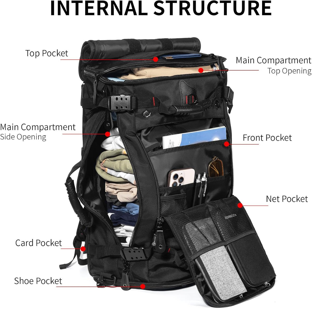 Large Capacity For Travel Hiking Sports Carry On Backpack Durable Convertible Duffle Bag Laptop airplane (black, 60L-Large)