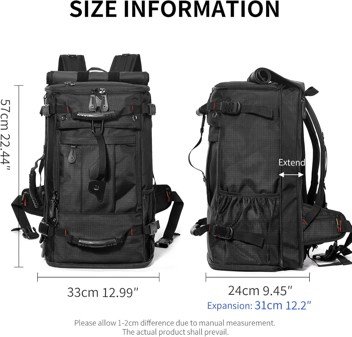 Large Capacity For Travel Hiking Sports Carry On Backpack Durable Convertible Duffle Bag Laptop airplane (black, 60L-Large)