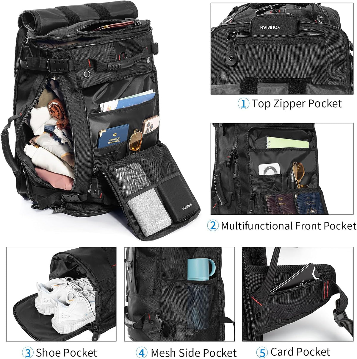 Large Capacity For Travel Hiking Sports Carry On Backpack Durable Convertible Duffle Bag Laptop airplane (black, 60L-Large)
