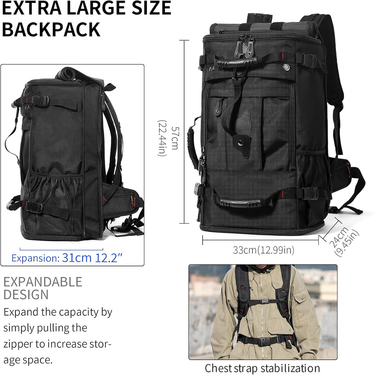 Large Capacity For Travel Hiking Sports Carry On Backpack Durable Convertible Duffle Bag Laptop airplane (black, 60L-Large)