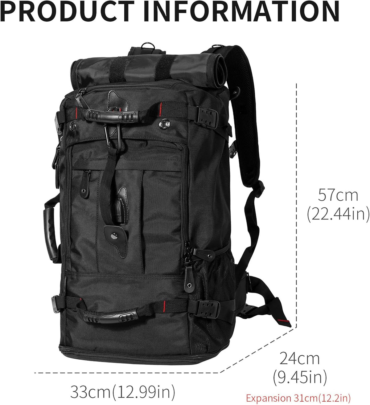 Large Capacity For Travel Hiking Sports Carry On Backpack Durable Convertible Duffle Bag Laptop airplane (black, 60L-Large)